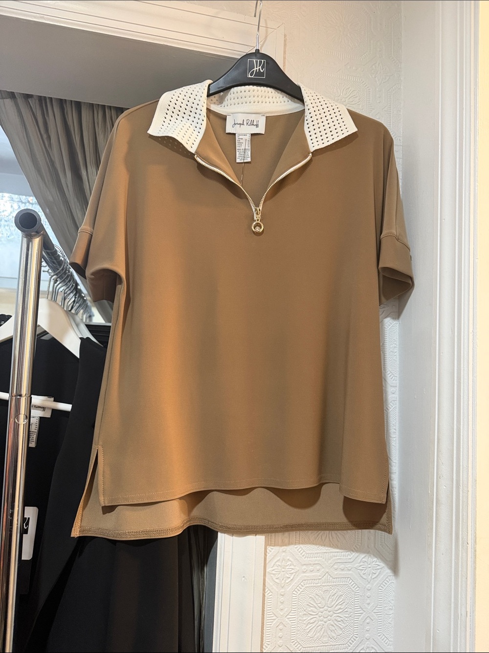 Joseph Ribkoff Caramel Short Sleeve Polo with White Perforated Collar